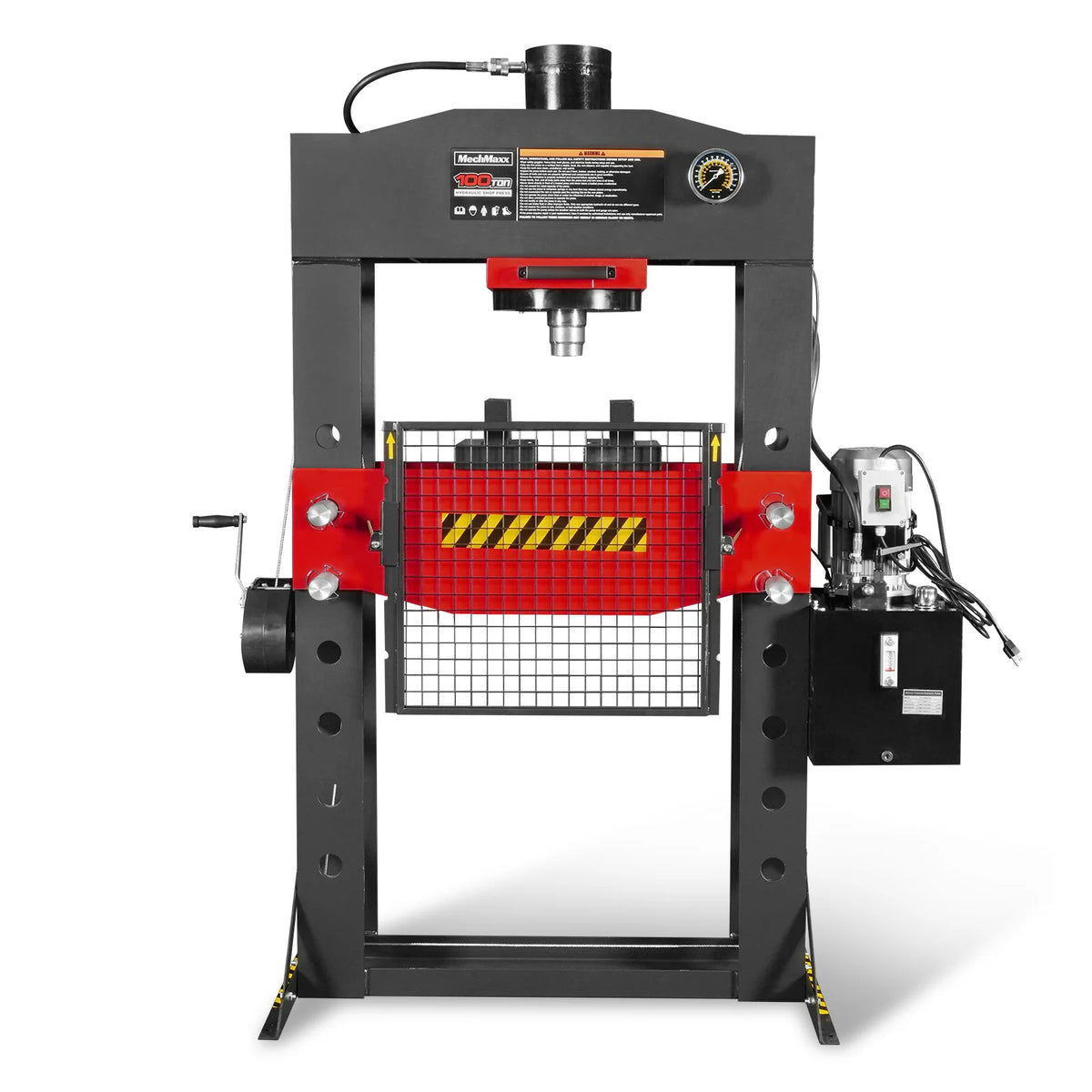 100 Ton H-Frame Electric Hydraulic Shop Press with Hand Winch, 110V Motor, Fully Welded Steel Frame, Safety Gu
