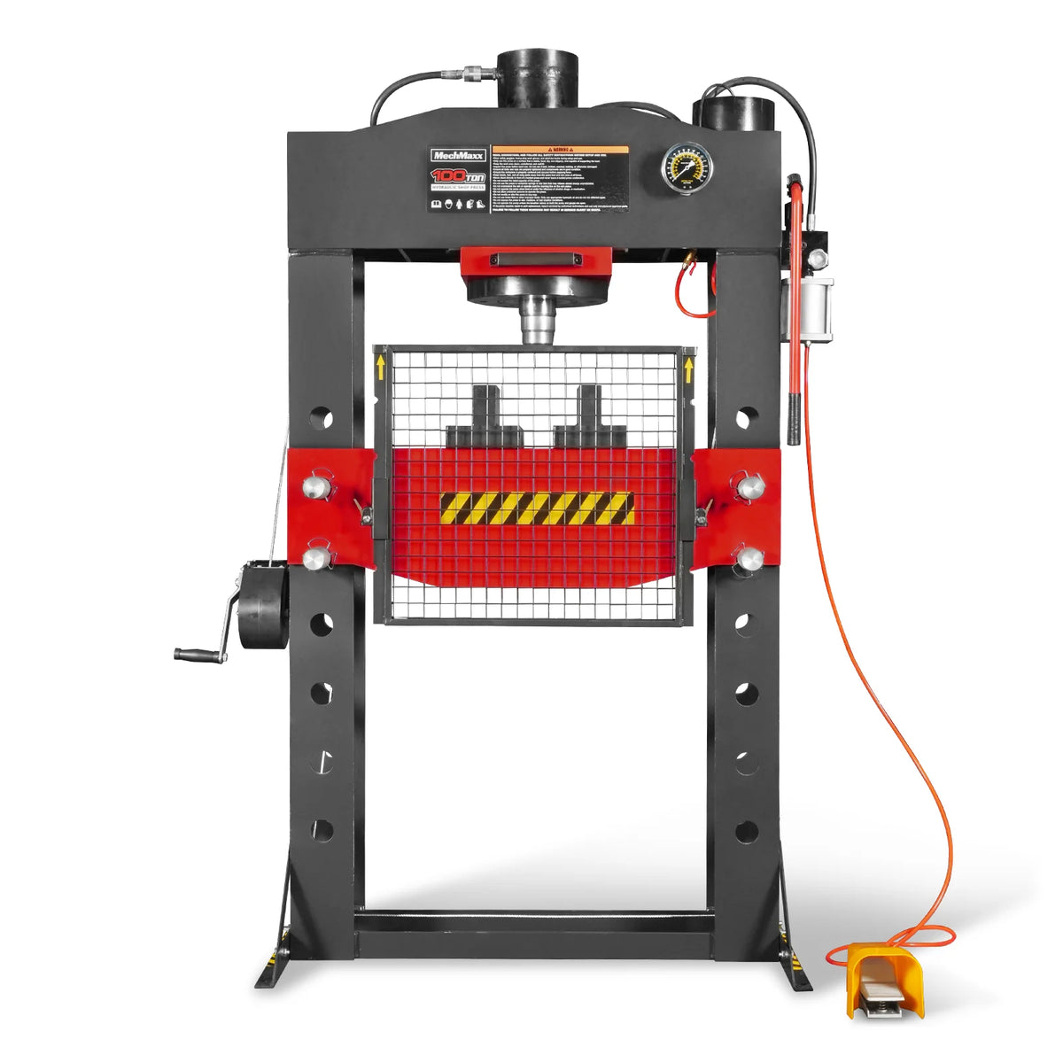 100 Ton H-Frame Air/Hydraulic Shop Press with Hand Winch, Fully Welded Steel Frame, Safety Guard, Foot Pedal C