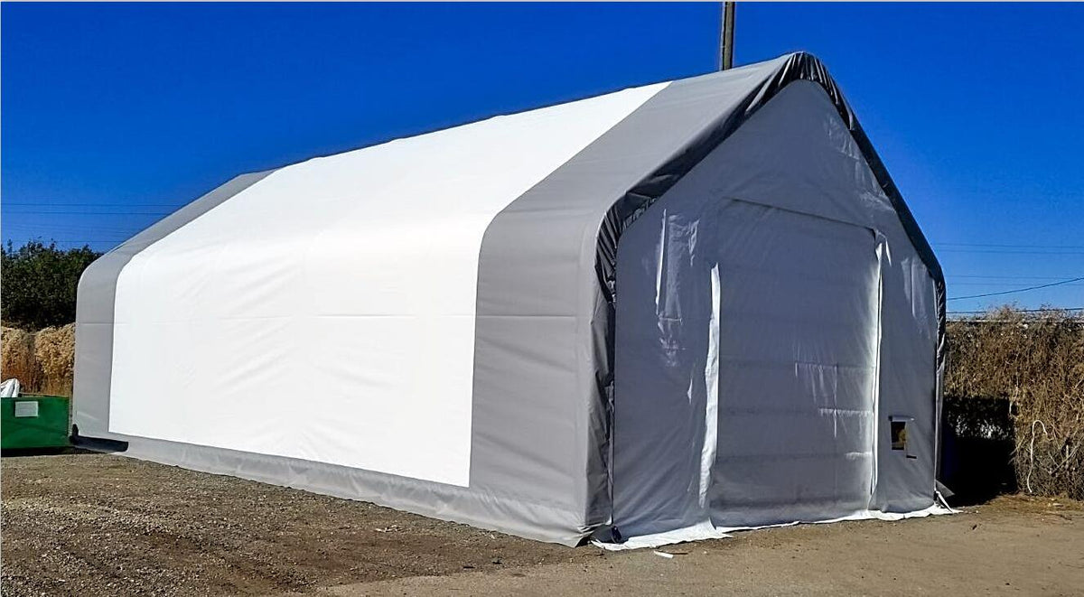 CAEL Peak Double-Truss PVC Storage Shelter – 60 x 150 ft, 25 ft Peak