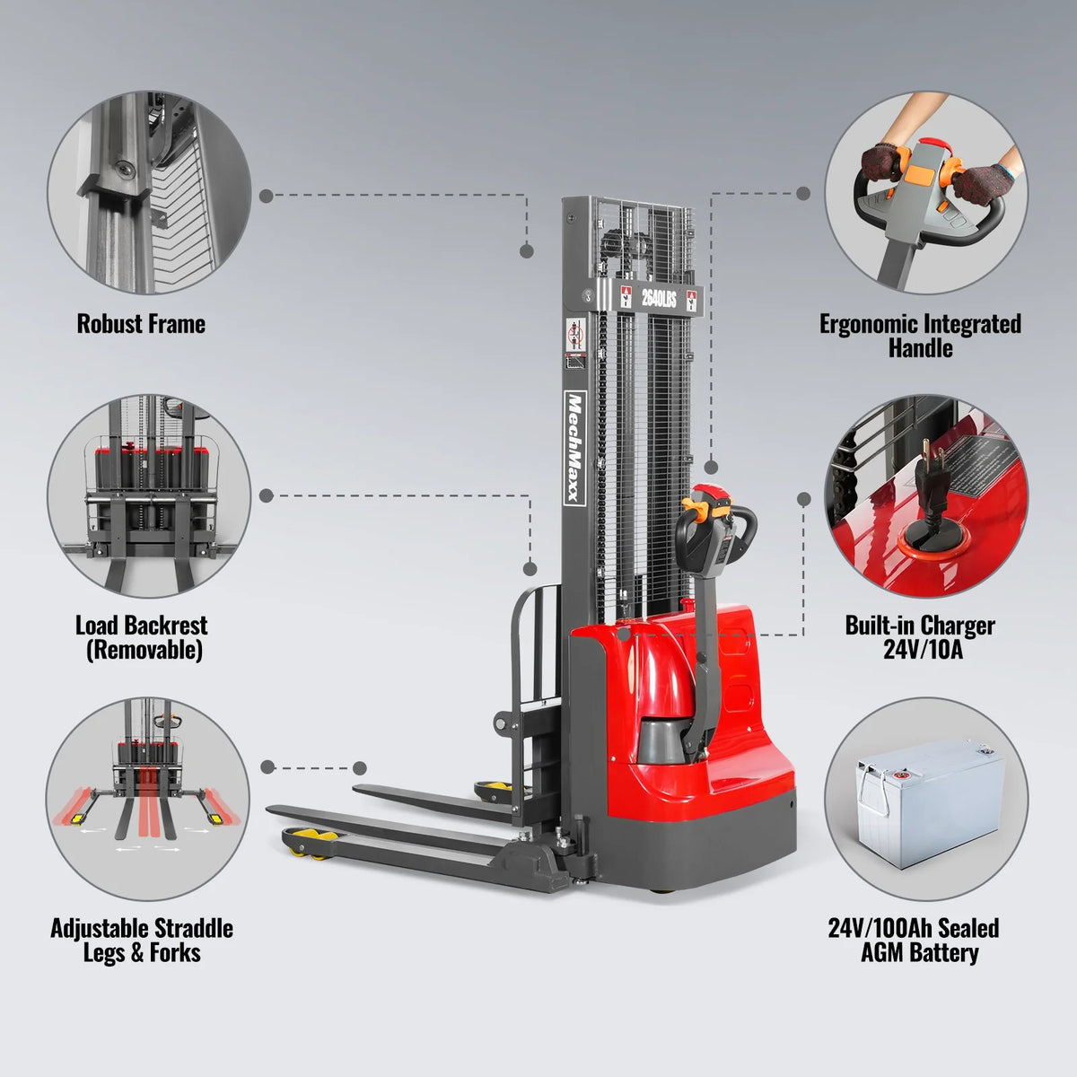 2640lbs Electric Straddle Stacker, 118" Lift, Adjustable Legs & Forks, F26-118SLA - view 6
