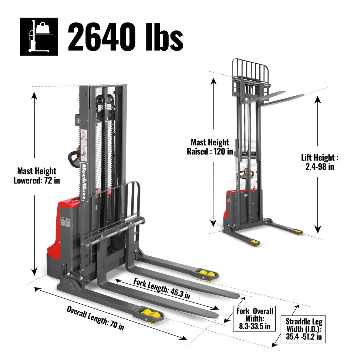 2640lbs Electric Straddle Stacker, 98" Lift, Adjustable Legs & Forks, F26-98SLA - view 5
