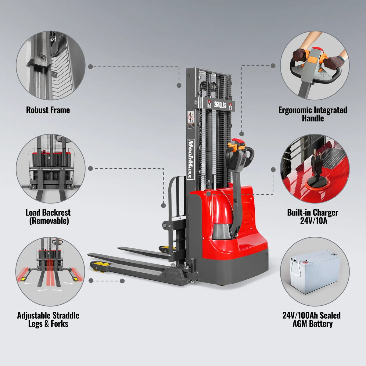 2640lbs Electric Straddle Stacker, 98" Lift, Adjustable Legs & Forks, F26-98SLA - view 6