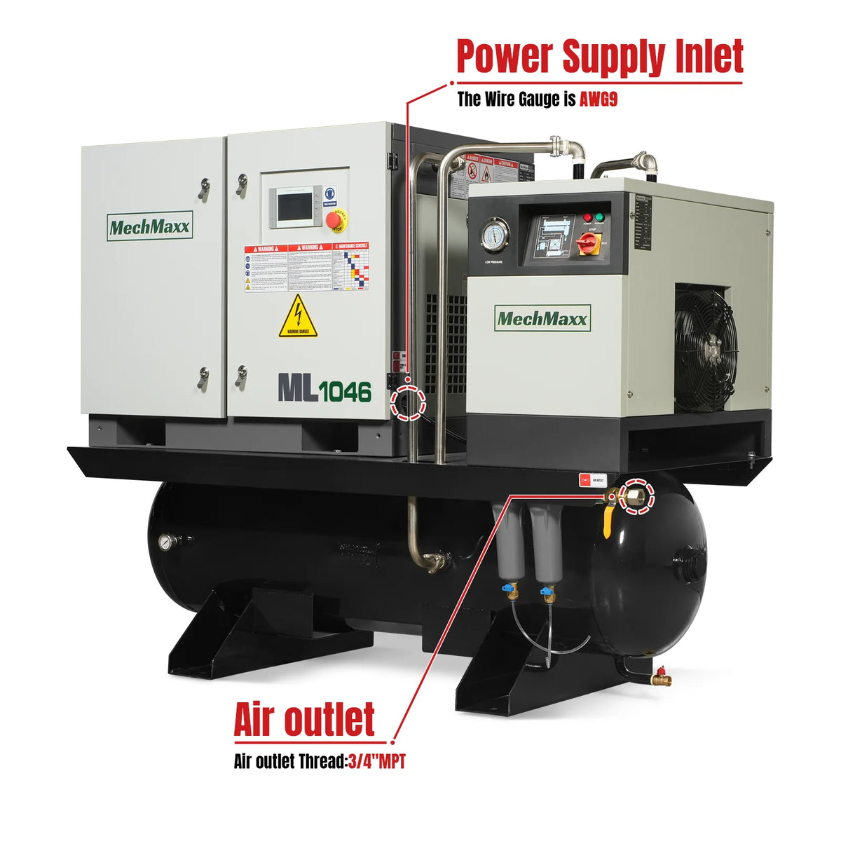10HP Combined Rotary Screw Air Compressor with Dryer & 66-Gal ASME Tank | 32 CFM, 116 PSI, 460V 3-Phase - Indu - view 2