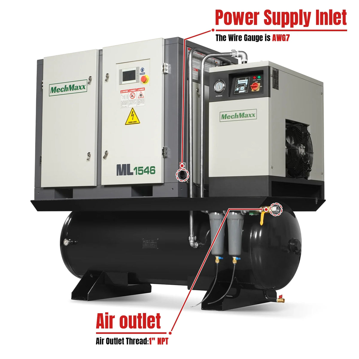 15HP Combined Rotary Screw Air Compressor with Dryer & 105-Gal ASME Tank | 45 CFM, 116 PSI, 460V 3-Phase - Ind - view 2