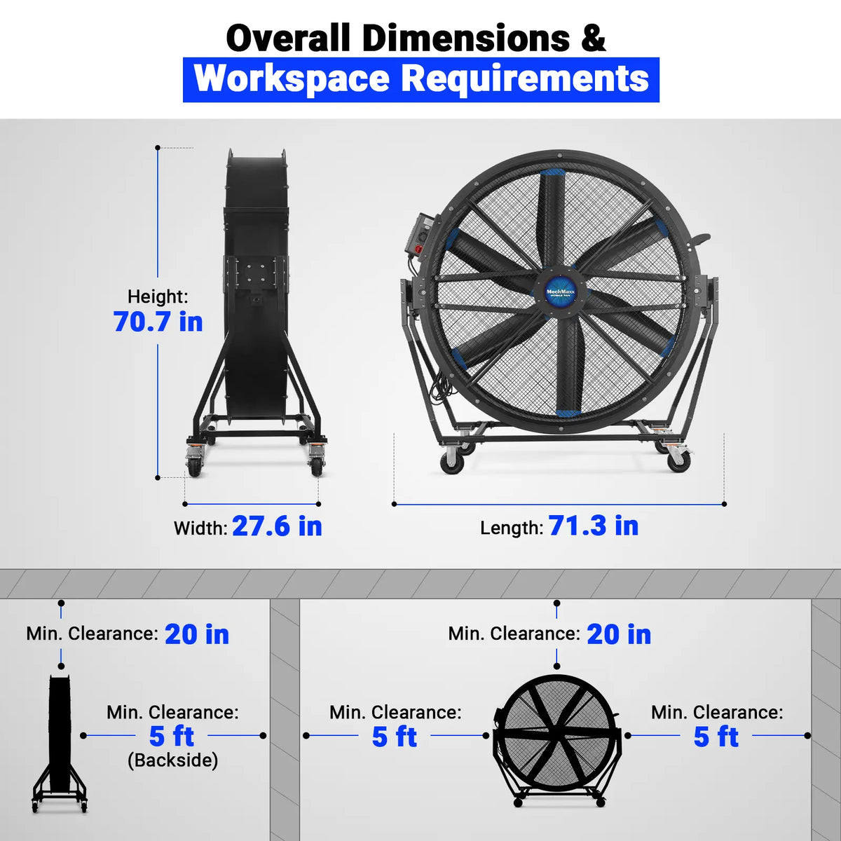 59 in Portable Industrial Fan with Variable High-Efficiency PMSM Motor, Tiltable Mobile High Volume Floor Fan, - view 3