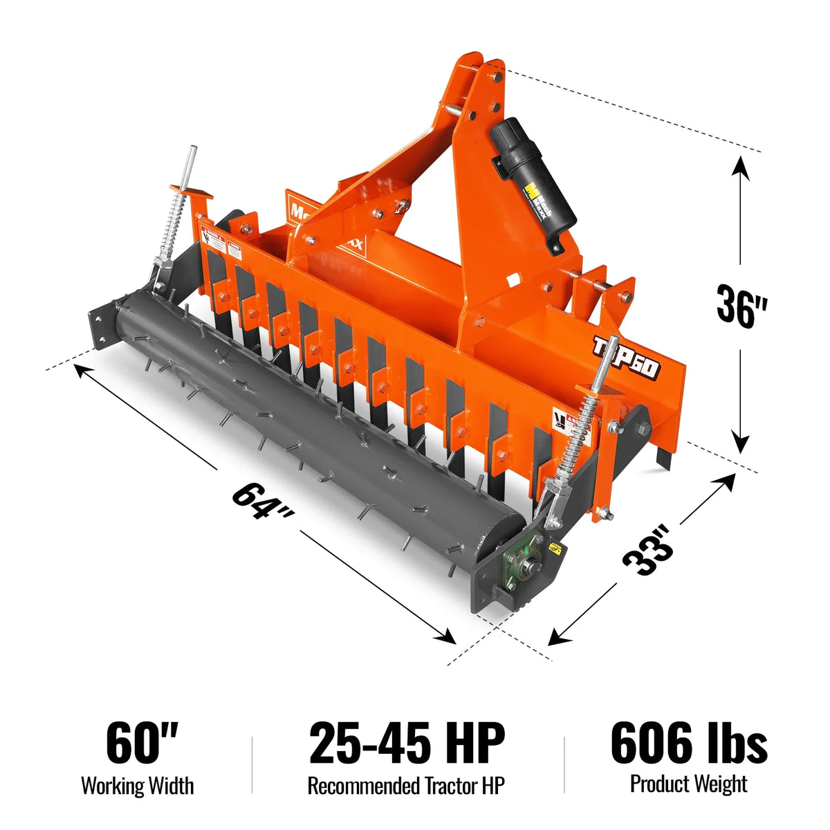 60" Heavy Duty Soil Pulverizer, Single Spiked Roller, 21 Shanks, Category 1 and 2, 3 Point Hitch Tractor Attac - view 2