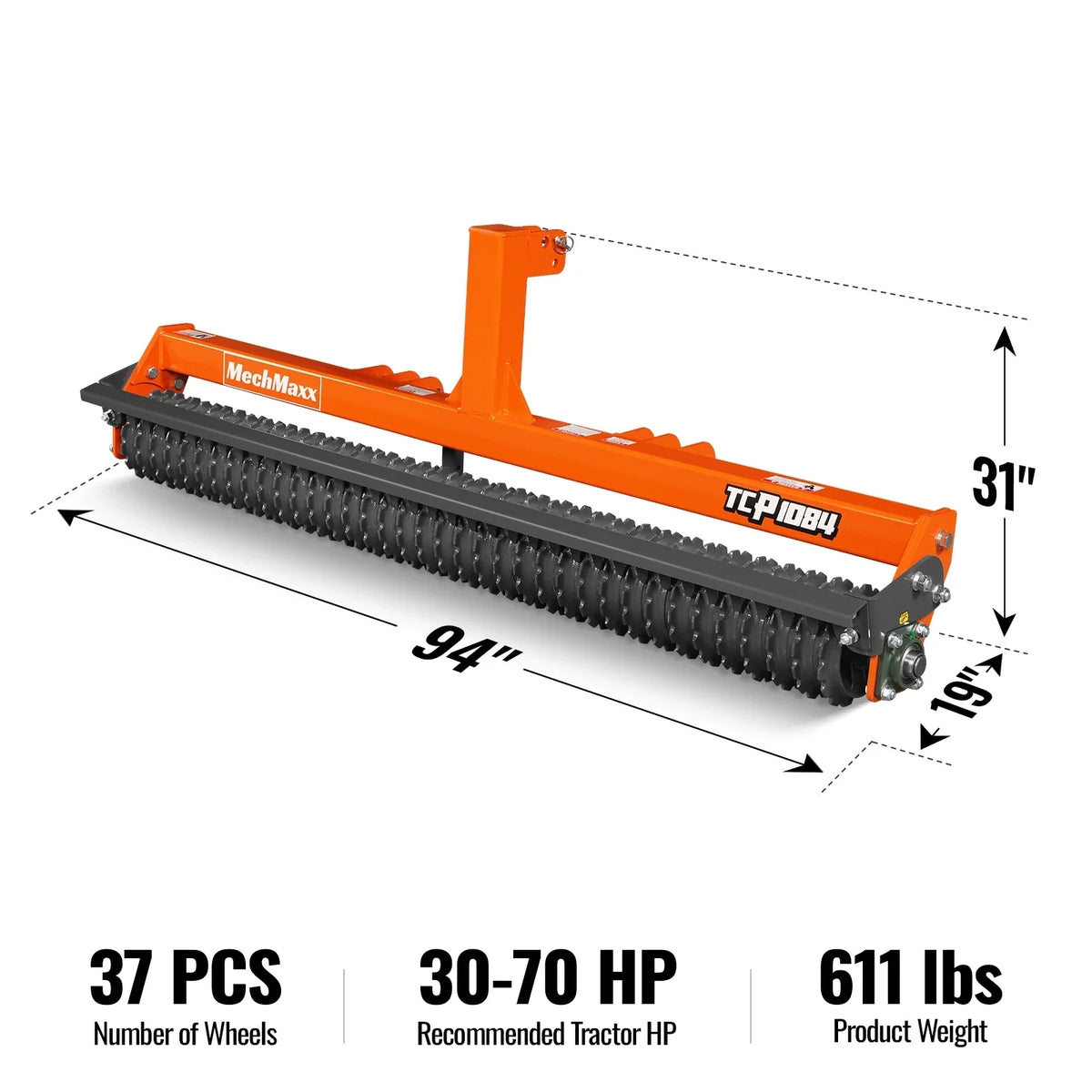 84" Cultipacker with 37 Ductile Iron Wheels, Scraper Bar Included, Category 1 and 2, 3 Point Hitch Tractor Att - view 2