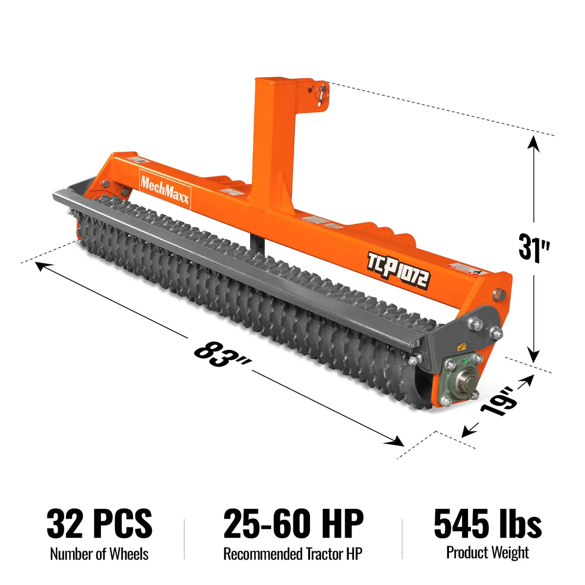 72" Cultipacker with 32 Ductile Iron Wheels, Scraper Bar Included, Category 1 and 2, 3 Point Hitch Tractor Att - view 2