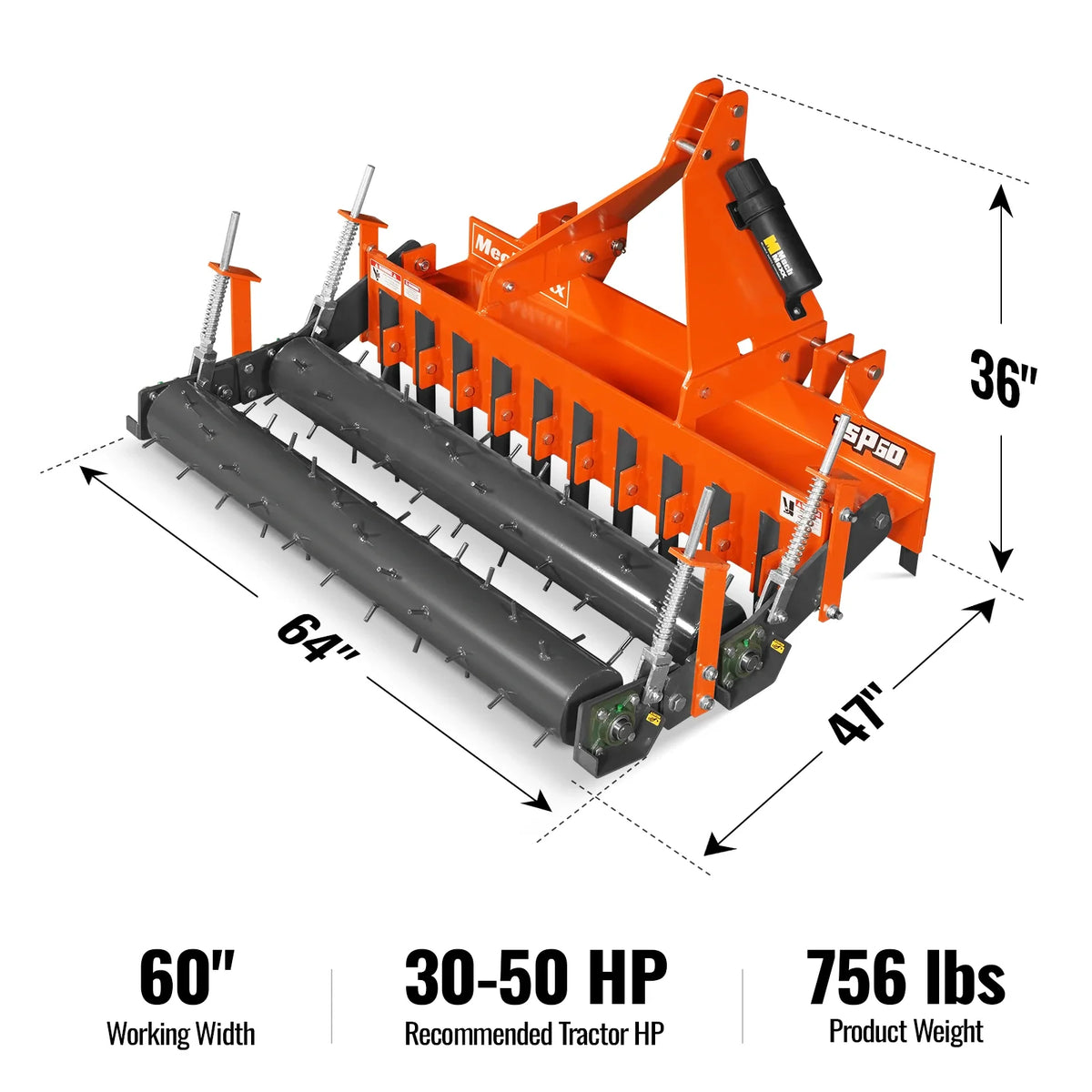 60" Heavy Duty Soil Pulverizer, Double Spiked Roller, 21 Shanks, Category 1 and 2, 3 Point Hitch Tractor Attac - view 2