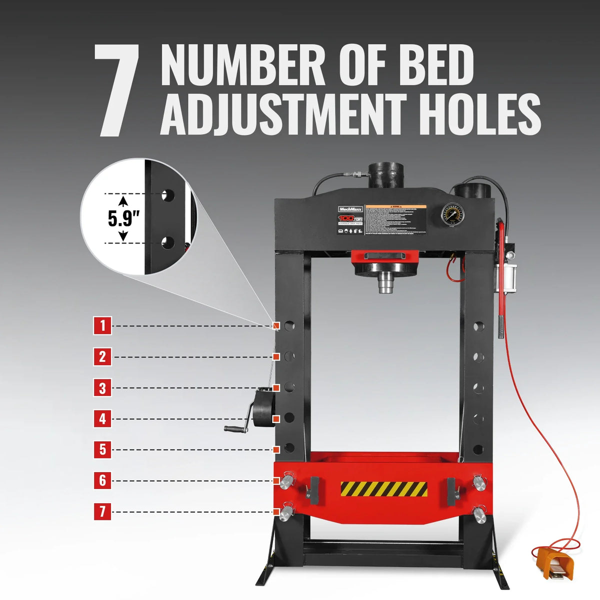 100 Ton H-Frame Air/Hydraulic Shop Press with Hand Winch, Fully Welded Steel Frame, Safety Guard, Foot Pedal C - view 4