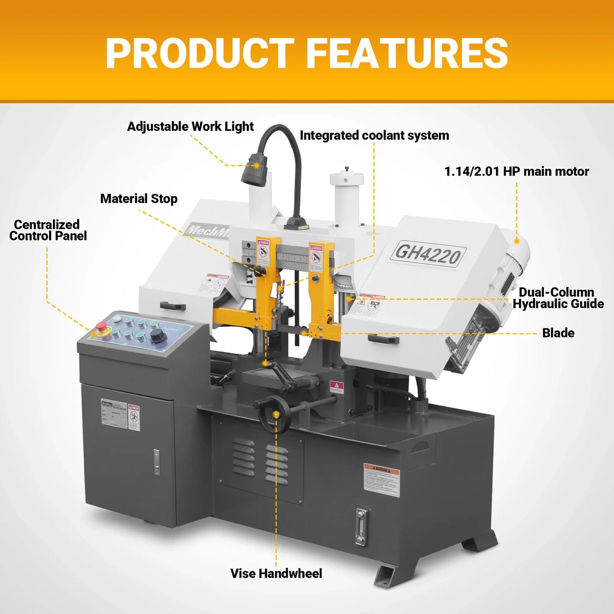 8 in Double Column Horizontal Metal Cutting Band Saw, 7-7/8 x 7-7/8 in Capacity, Hydraulic Feed, Coolant Syste - view 3