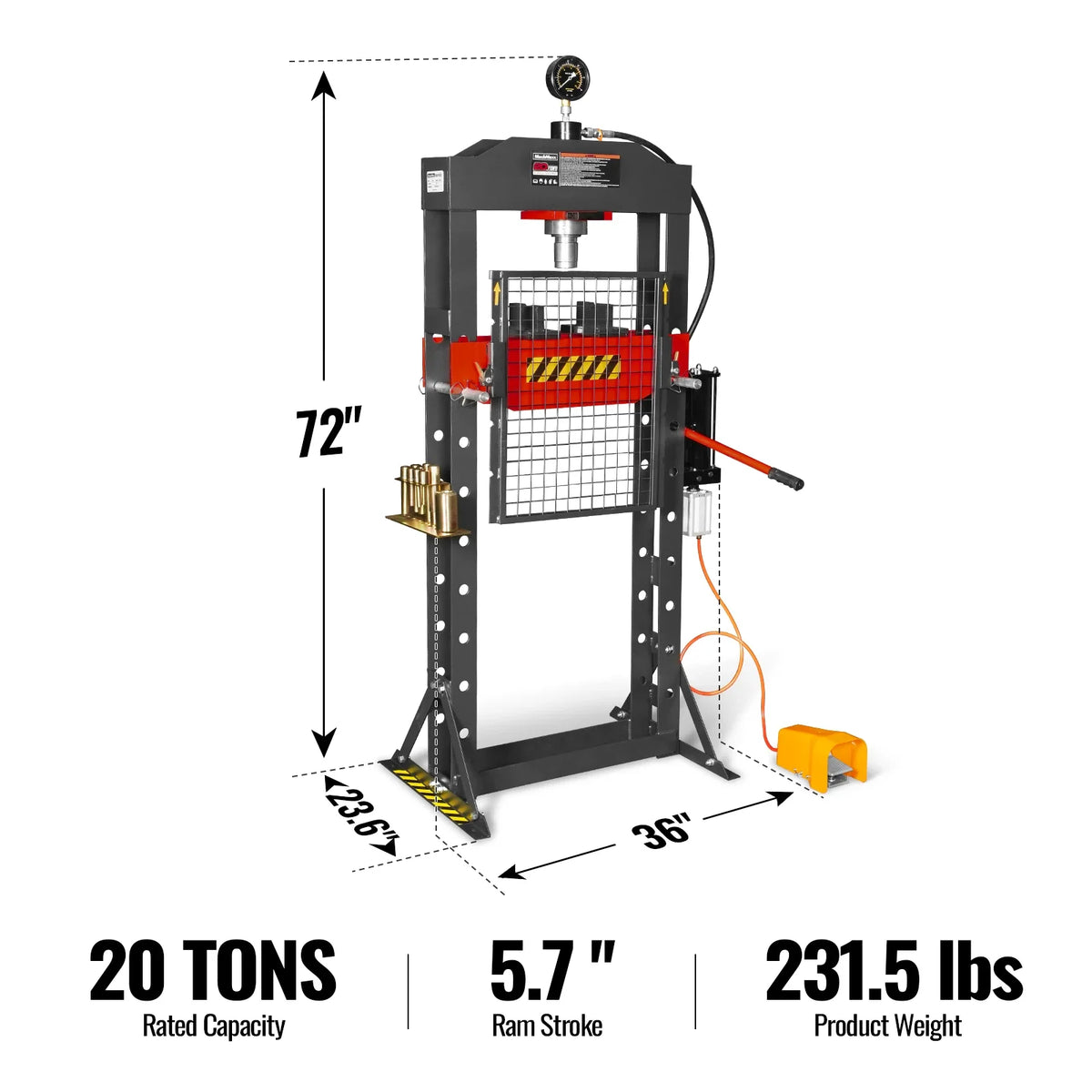 20 Ton H-Frame Air/Hydraulic Shop Press with Press Pin Kit, Fully Welded Steel Frame, Safety Guard, Foot Pedal - view 2