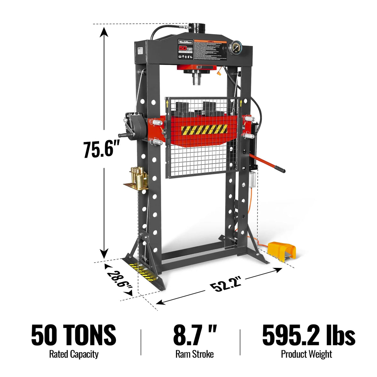 50 Ton H-Frame Air/Hydraulic Shop Press with Hand Winch & Press Pin Kit, Fully Welded Steel Frame, Safety Guar - view 2