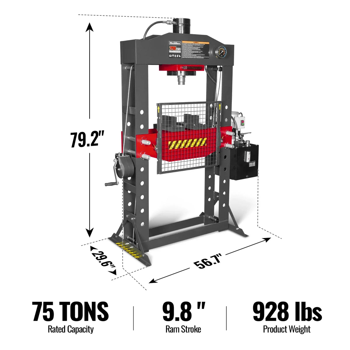 75 Ton H-Frame Electric Hydraulic Shop Press with Hand Winch, 110V Motor, Fully Welded Steel Frame, Safety Gua - view 2