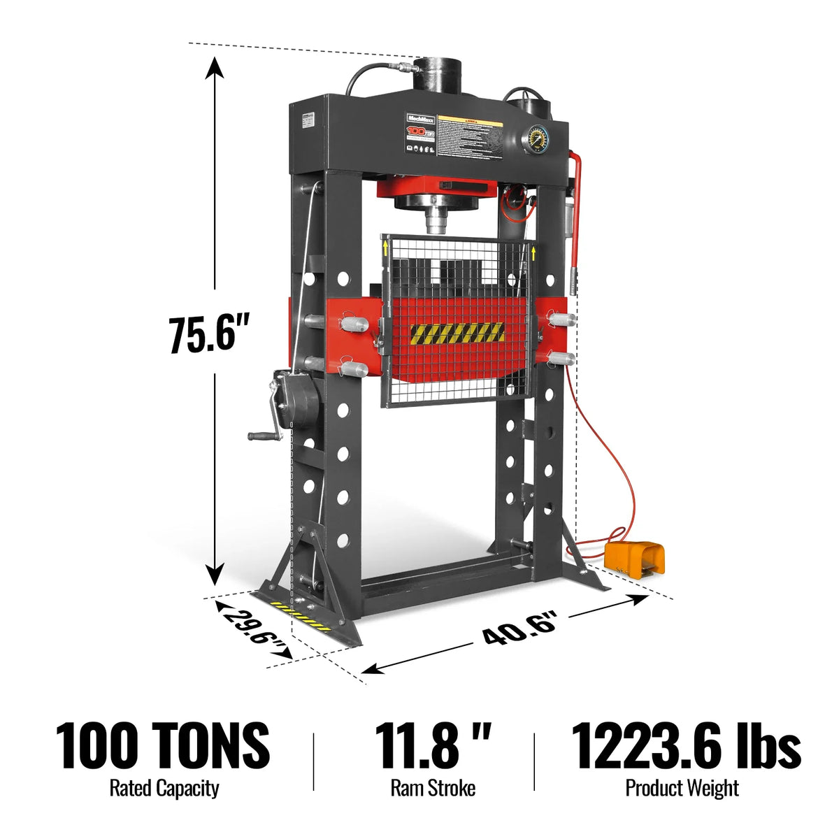 100 Ton H-Frame Air/Hydraulic Shop Press with Hand Winch, Fully Welded Steel Frame, Safety Guard, Foot Pedal C - view 2