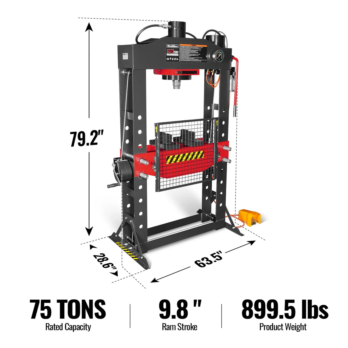 75 Ton H-Frame Air/Hydraulic Shop Press with Hand Winch, Fully Welded Steel Frame, Safety Guard, Foot Pedal Co - view 2