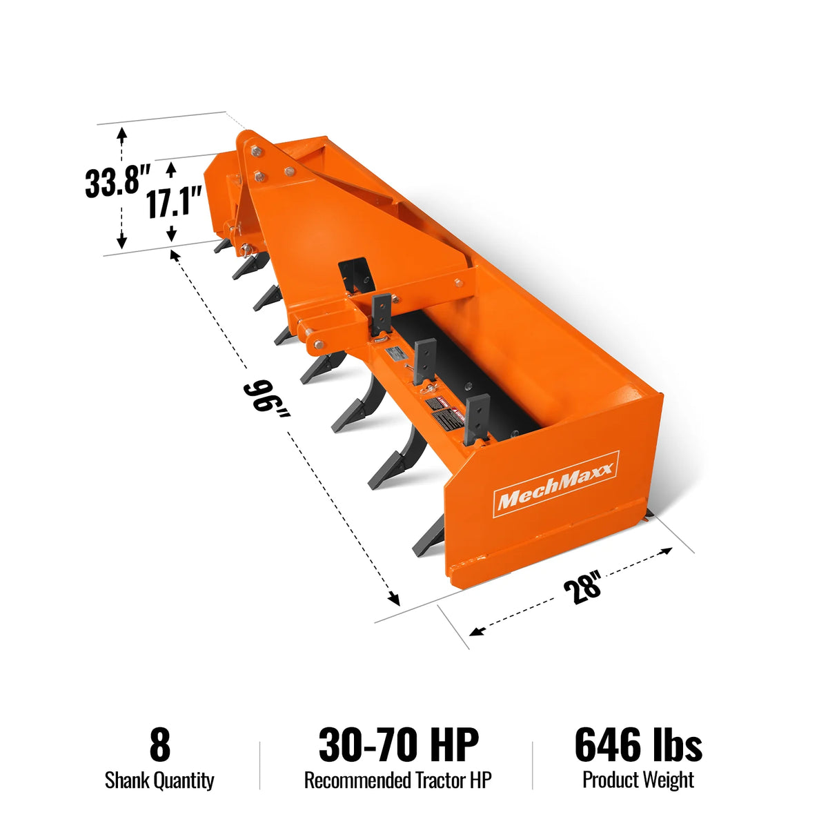 96" Box Blade Scraper with 8 Shanks 3 Point Hitch Tractor Attachment, BB96 - view 2