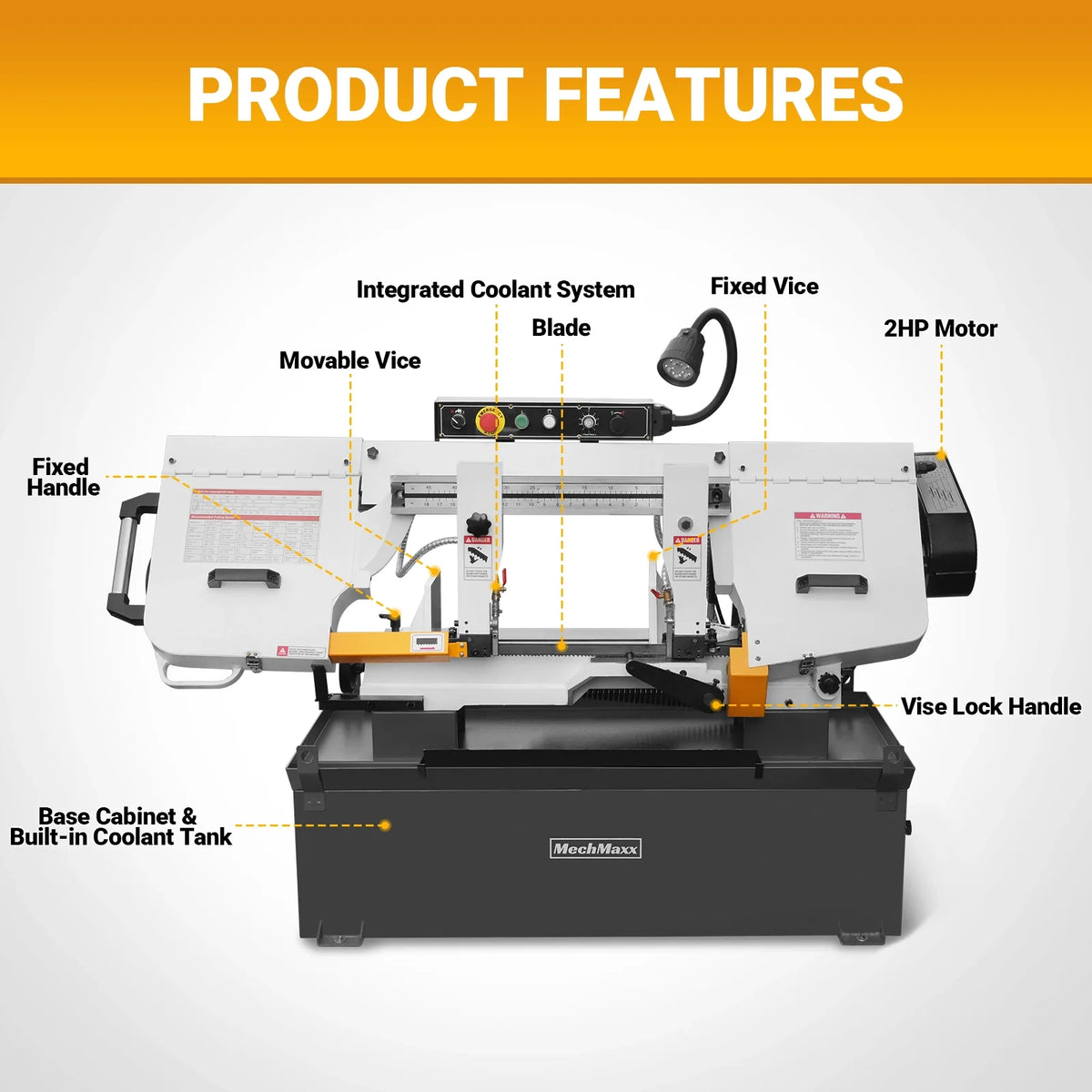 10 in Horizontal Metal Cutting Band Saw, 2 HP 1.5 kW, 4-Speed, 0-45 Degree Swivel, Hydraulic Downfeed, 230V, B - view 10