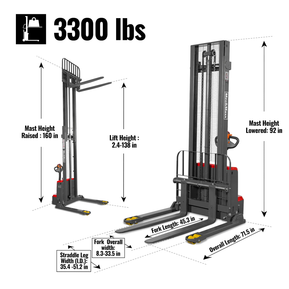 3300lbs Electric Straddle Stacker, 138" Lift, Adjustable Legs & Forks, F33-138SLA - view 5