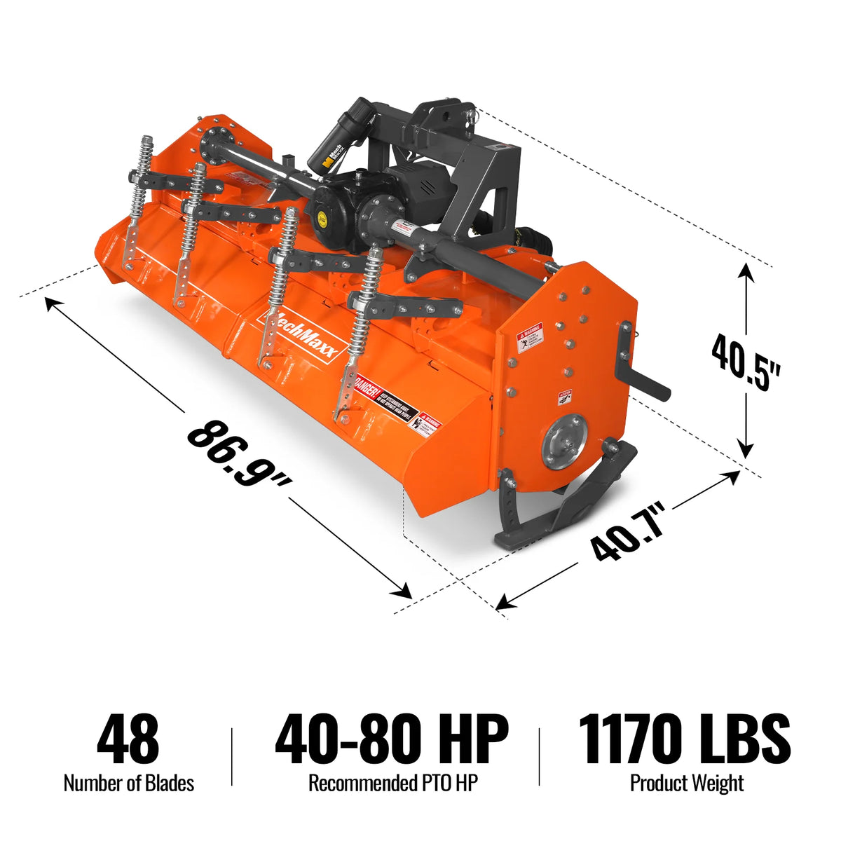 80 in Heavy Duty Rotary Tiller, 3 Point Hitch Cat.2, Gear Drive, PTO Shaft Included with Slip Clutch, 40-80 HP - view 2