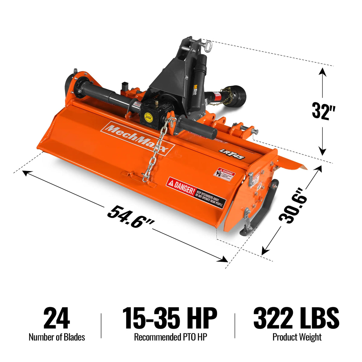 45 in Rotary Tiller, 3 Point Hitch Cat.1, Chain Drive, PTO Shaft Included with Shear Bolt, 15-35 HP, LRT45 - view 2