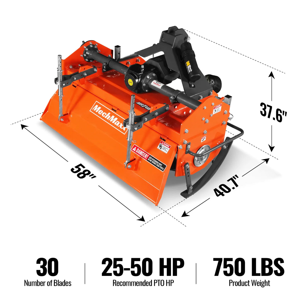 48 in Rotary Tiller, 3 Point Hitch Cat.1 & 2, Gear Drive, PTO Shaft Included with Slip Clutch, 25-50 HP, MRT48 - view 2