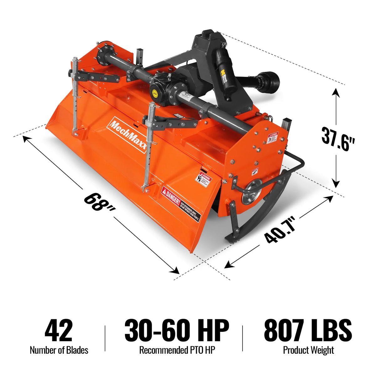 60 in Rotary Tiller, 3 Point Hitch Cat.1 & 2, Gear Drive, PTO Shaft Included with Slip Clutch, 30-60 HP, MRT60 - view 2