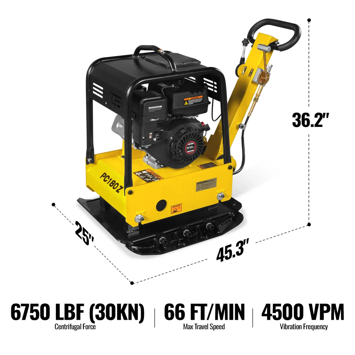 9 HP Reversible Plate Compactor with Wheel Kit and Extension Plates, 6750 lb Centrifugal Force, PC180Z - view 2