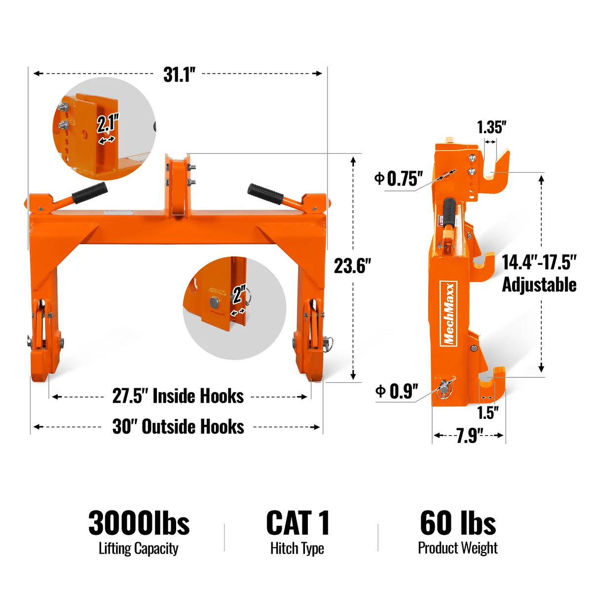 3 Point Quick Hitch Cat 1 for Tractors, Orange, QH1T - view 2