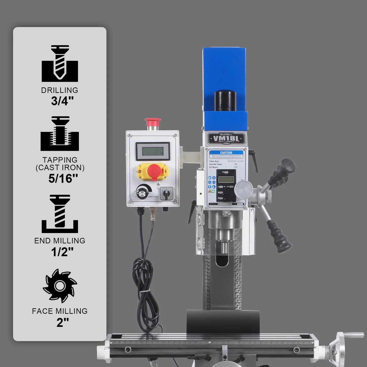 6 x 20 in Benchtop Mill Drill Machine, Variable Speed, R8 Spindle, 1 HP, 110V, Brushless Motor - view 3