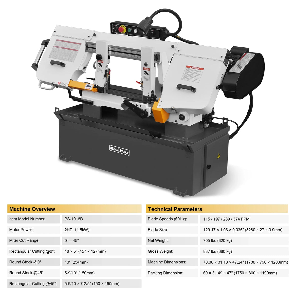 10 in Horizontal Metal Cutting Band Saw, 2 HP 1.5 kW, 4-Speed, 0-45 Degree Swivel, Hydraulic Downfeed, 230V, B - view 11
