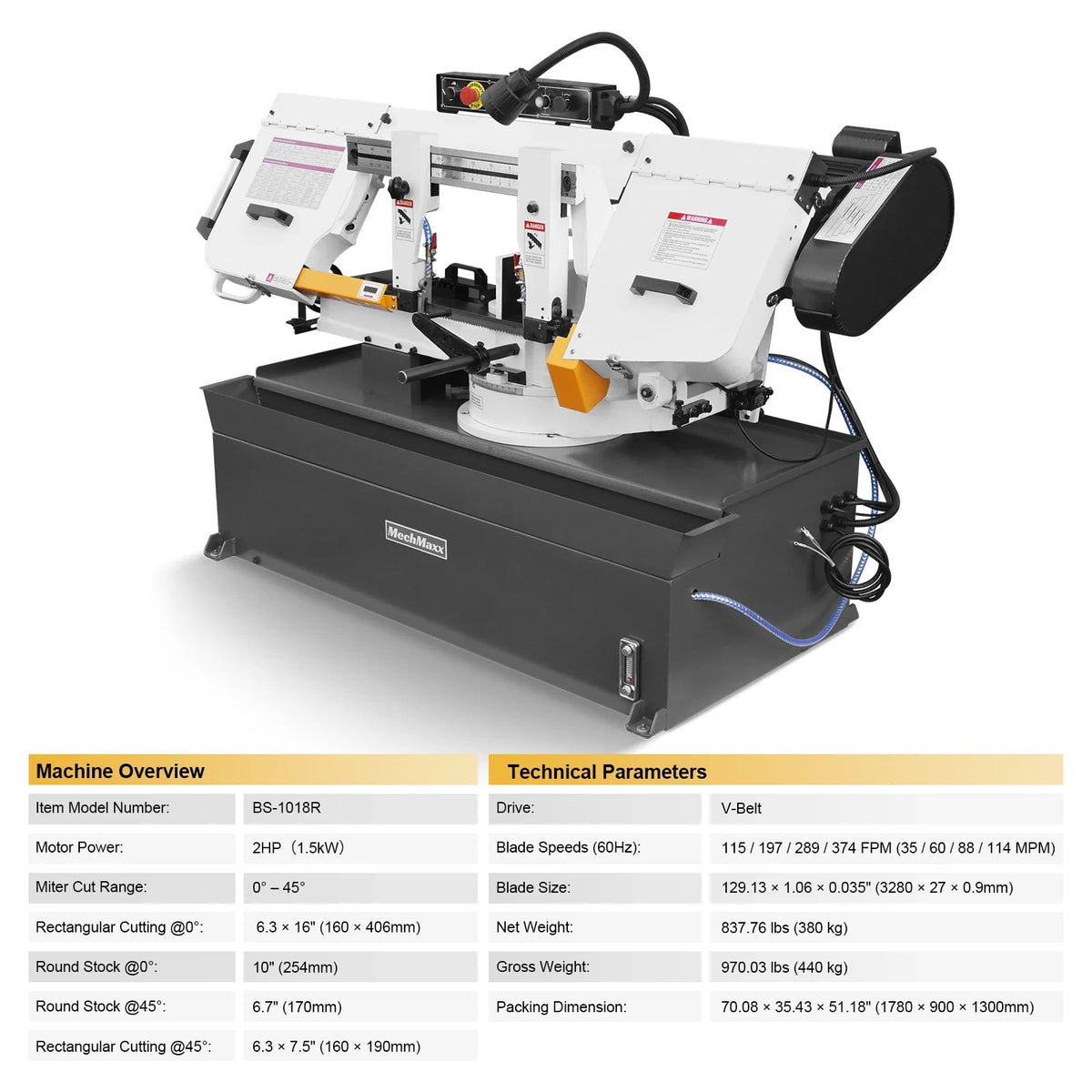 MechMaxx Metal Cutting Band Saw, 10 in Horizontal, 2 HP 220V, 0-45 Degree Mitering, Hydraulic Down Feed, Coola - view 12