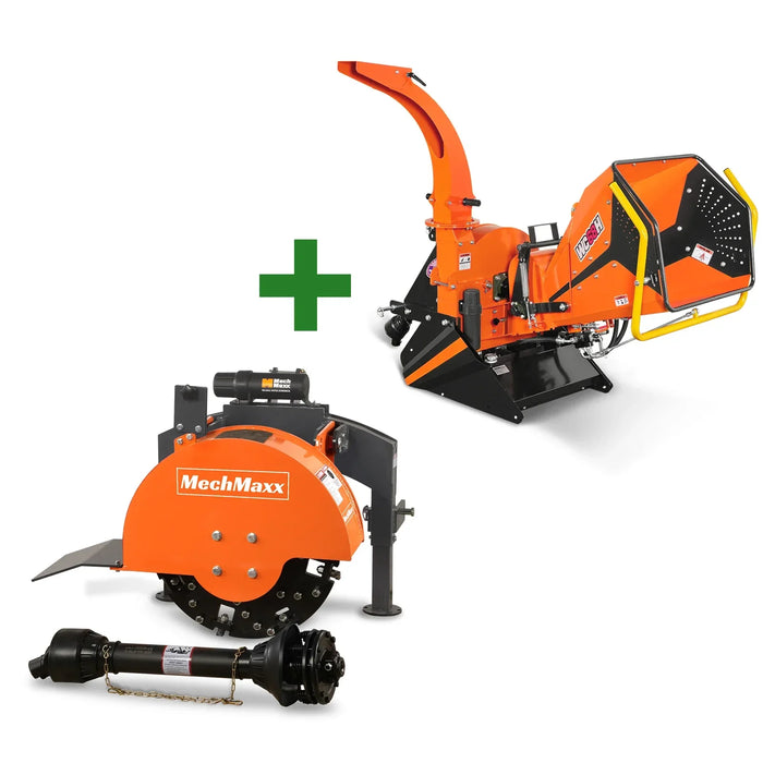3-Punkt-Zapfwellen-Stubbenfräse & 6" 3-Punkt-Hydraulik-Zapfwellen-Häcksler im Set, SG24 & WC68H