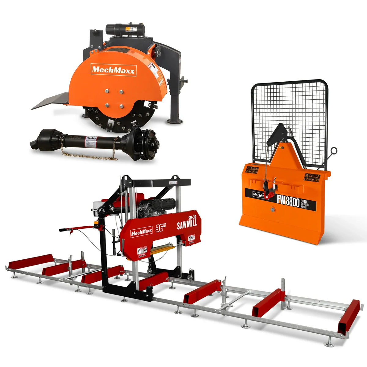 36" MAX Portable Sawmill, 3-Point PTO Stump Grinder & Forestry Log Skidding Winch Bundle
