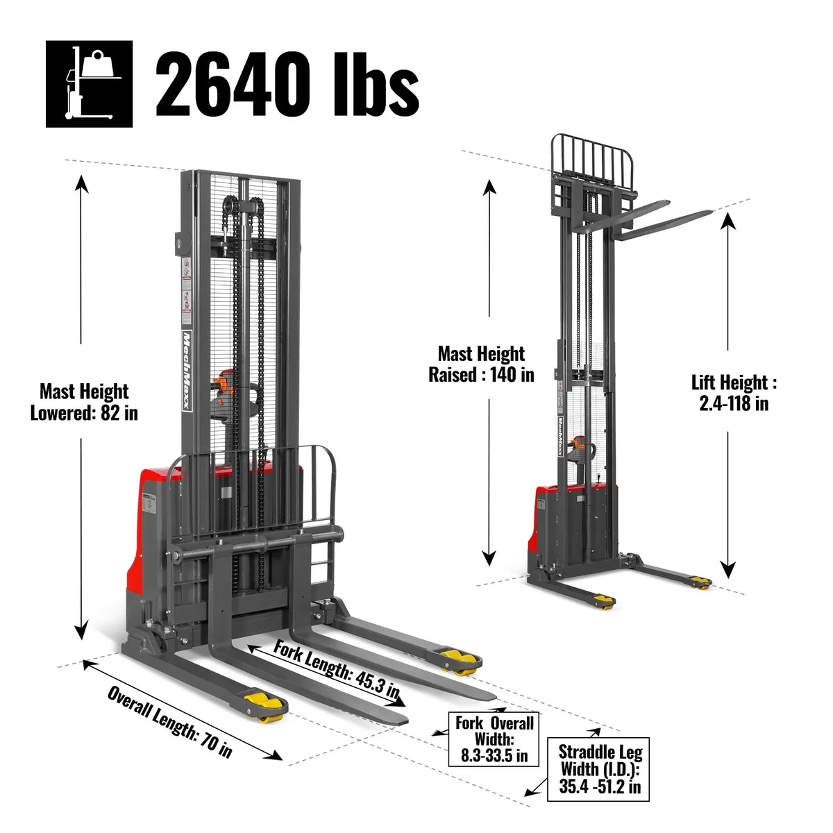 2640lbs Electric Straddle Stacker, 118" Lift, Adjustable Legs & Forks, F26-118SLA - view 5