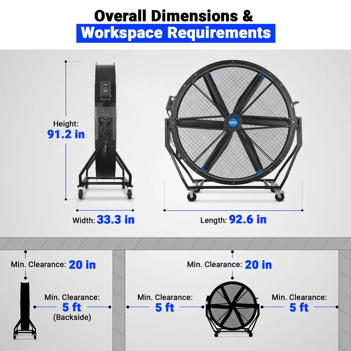 79 in Portable Industrial Fan with Variable High-Efficiency PMSM Motor, Tiltable Mobile High Volume Floor Fan, - view 3