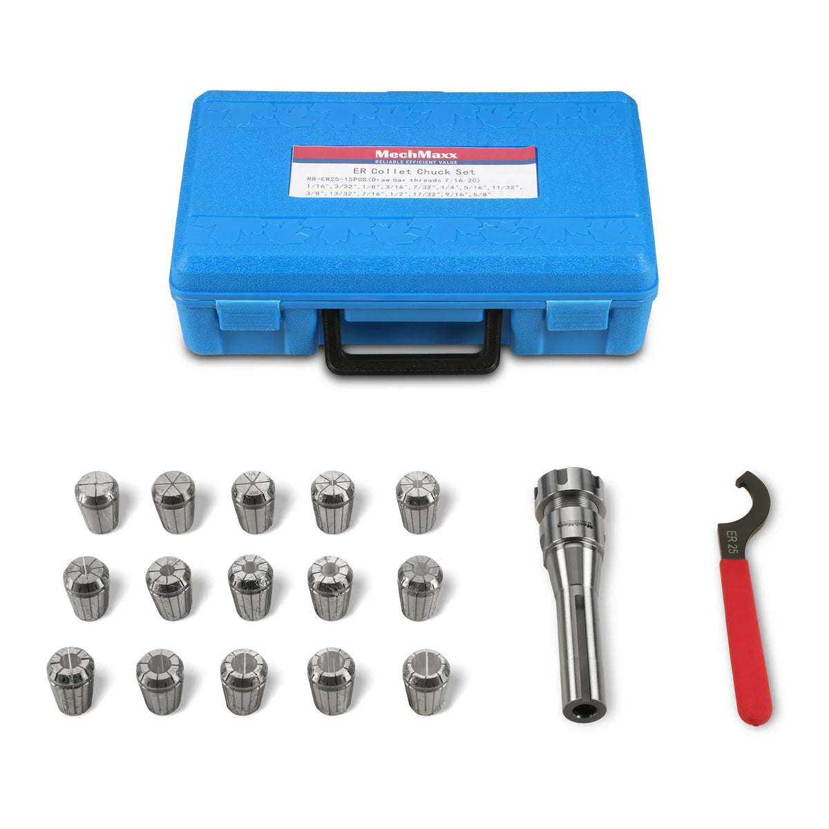 Set of 15 Pcs Collets 1/16"-5/8" with ER25 R8 Holder (Inch Type) (SKU 500200, 500201, 500202, 500203, 500204, 