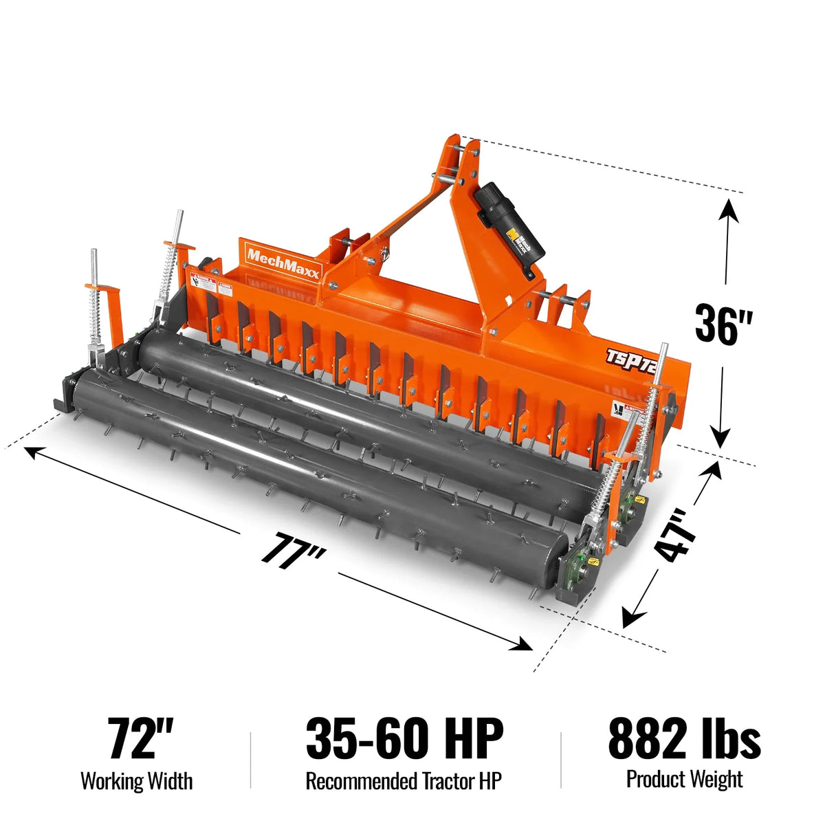 72" Heavy Duty Soil Pulverizer, Double Spiked Roller, 25 Shanks, Category 1 and 2, 3 Point Hitch Tractor Attac - view 2