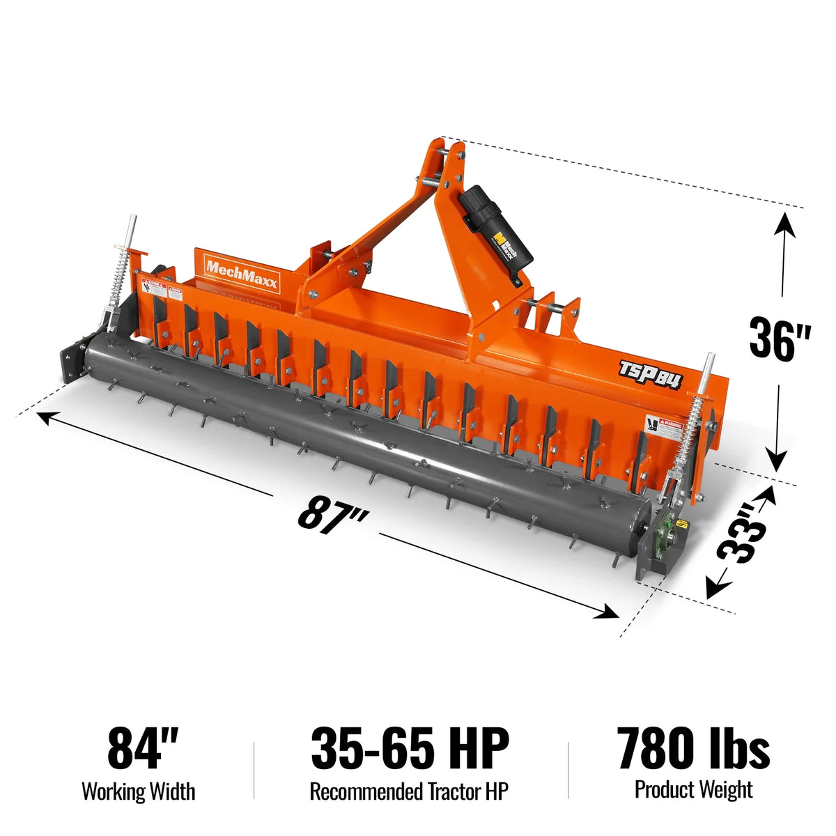 84" Heavy Duty Soil Pulverizer, Single Spiked Roller, 29 Shanks, Category 1 and 2, 3 Point Hitch Tractor Attac - view 2
