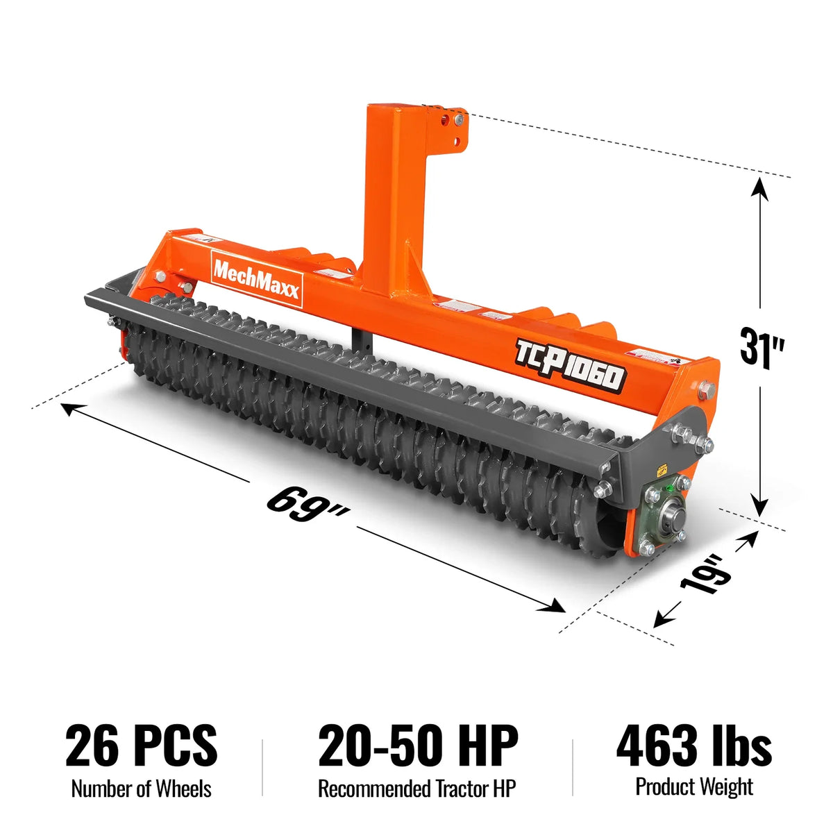 60" Cultipacker with 26 Ductile Iron Wheels, Scraper Bar Included, Category 1 and 2, 3 Point Hitch Tractor Att - view 2