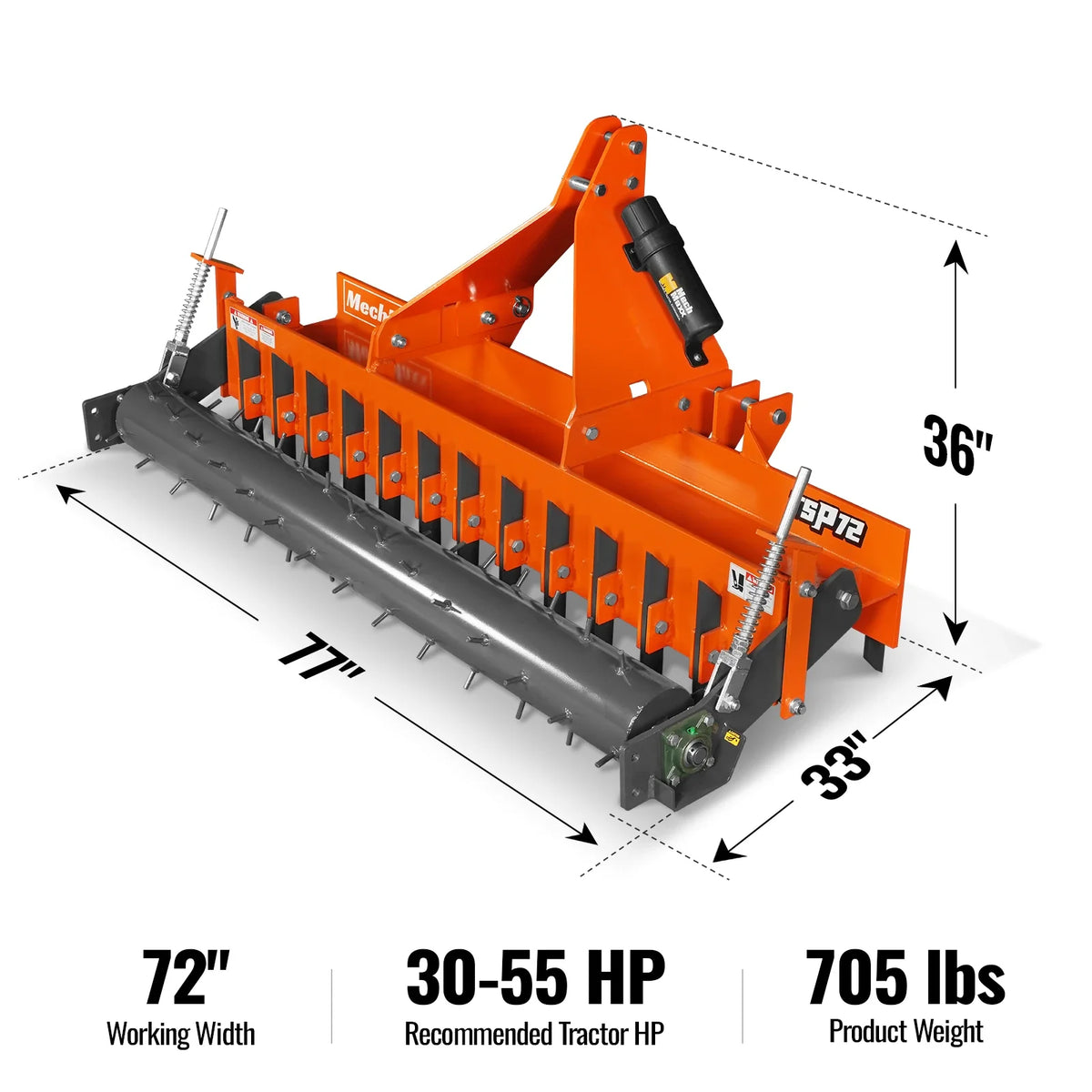 72" Heavy Duty Soil Pulverizer, Single Spiked Roller, 25 Shanks, Category 1 and 2, 3 Point Hitch Tractor Attac - view 2