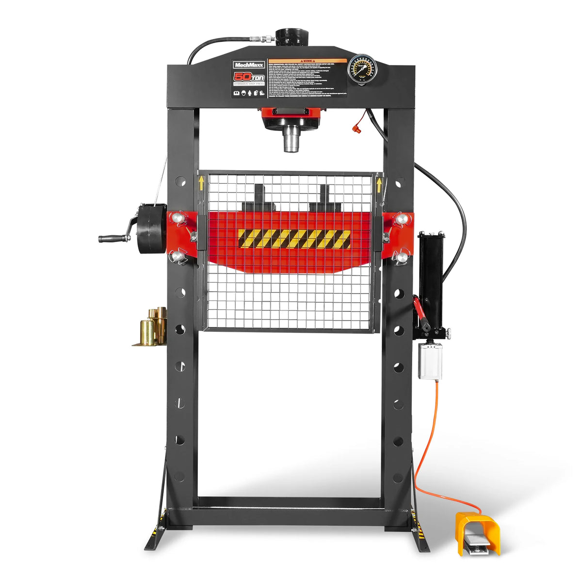50 Ton H-Frame Air/Hydraulic Shop Press with Hand Winch & Press Pin Kit, Fully Welded Steel Frame, Safety Guar