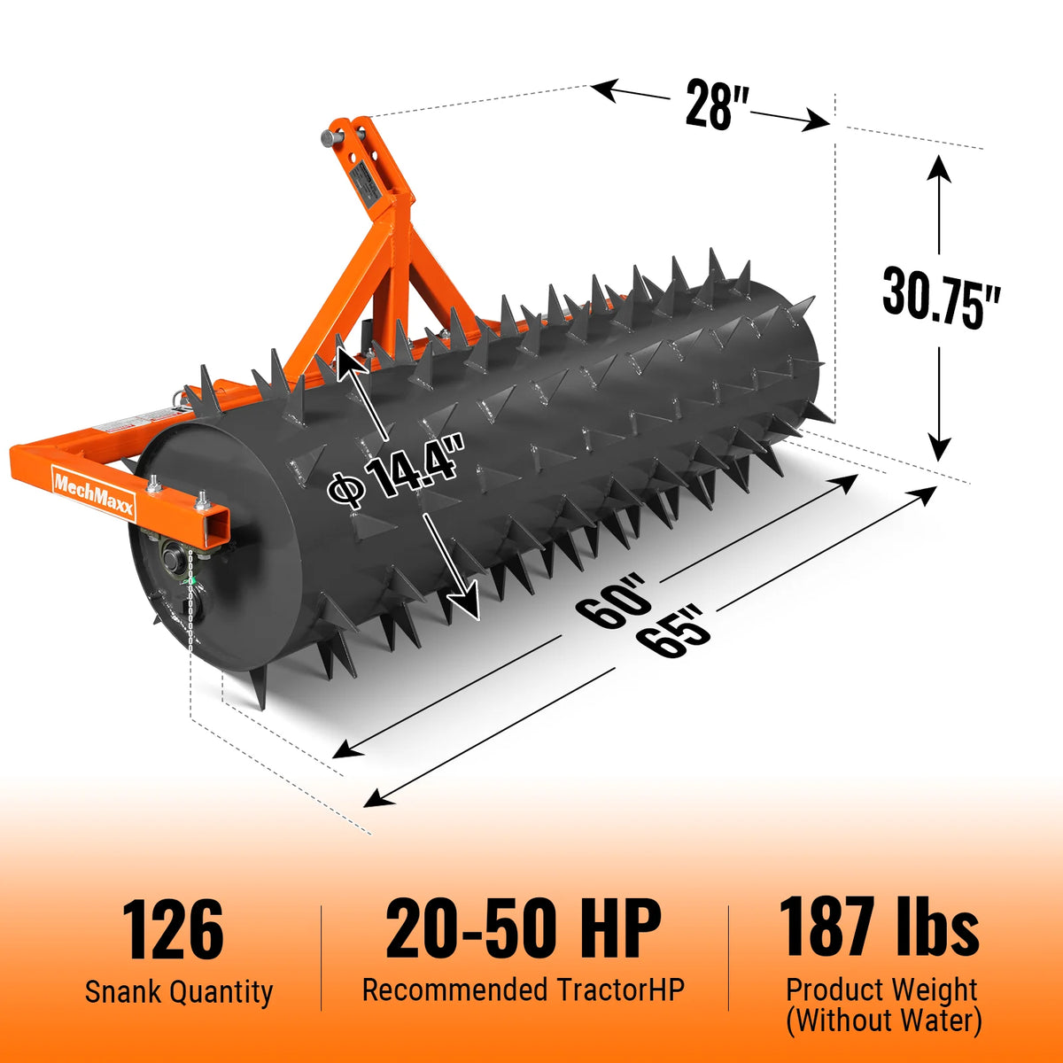 60" Drum Spike Aerator Cat. 1 3-Point Hitch Tractor Attachment, DSA60 - view 2