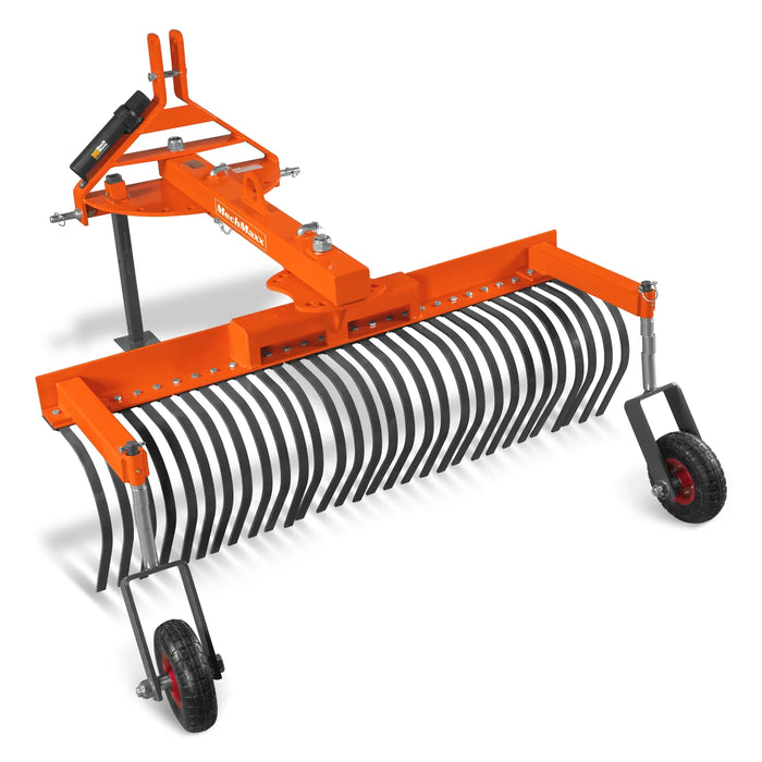 Râteau de paysagiste déporté 60" avec roues boulonnées et 30 dents, outil à attelage trois points pour tracteur, LRA60W