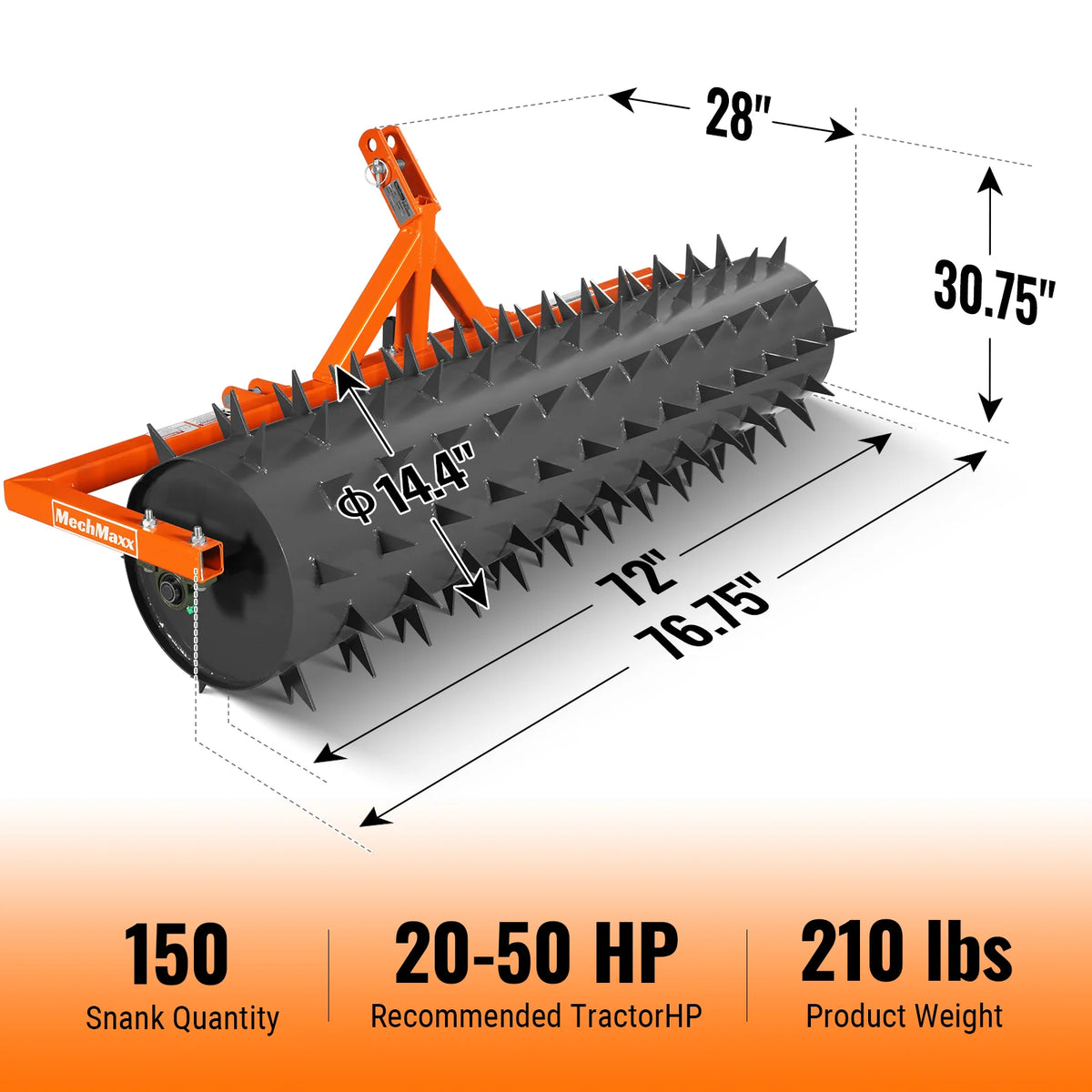 72" Drum Spike Aerator Cat. 1 3-Point Hitch Tractor Attachment, DSA72 - view 2