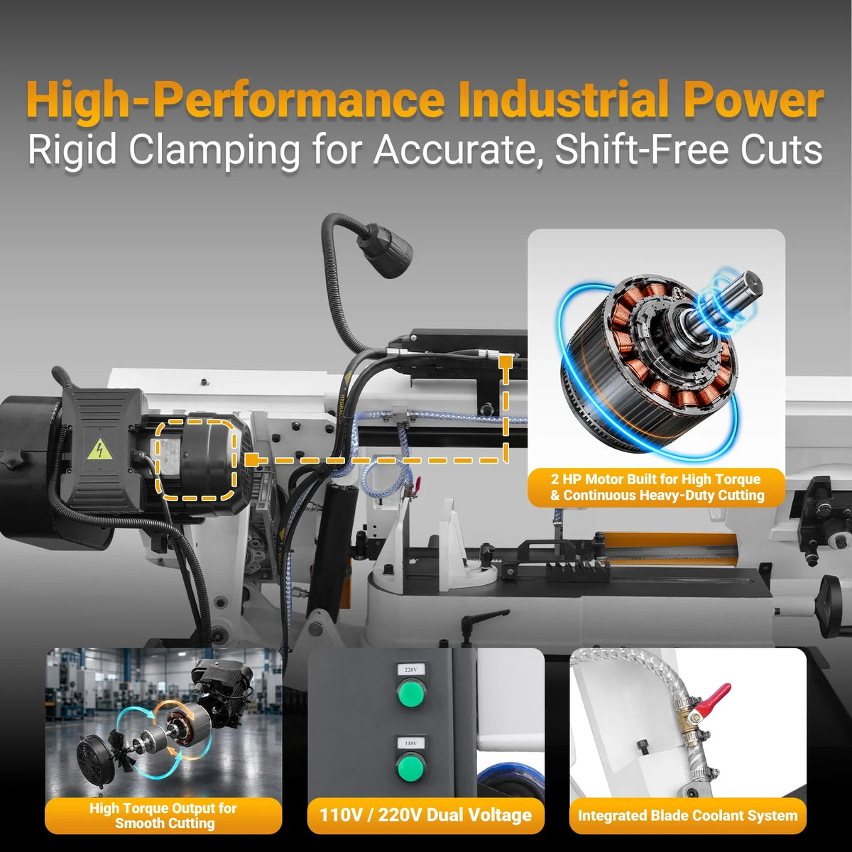 MechMaxx Metal Cutting Band Saw, 10 in Horizontal, 2 HP 220V, 0-45 Degree Mitering, Hydraulic Down Feed, Coola - view 5