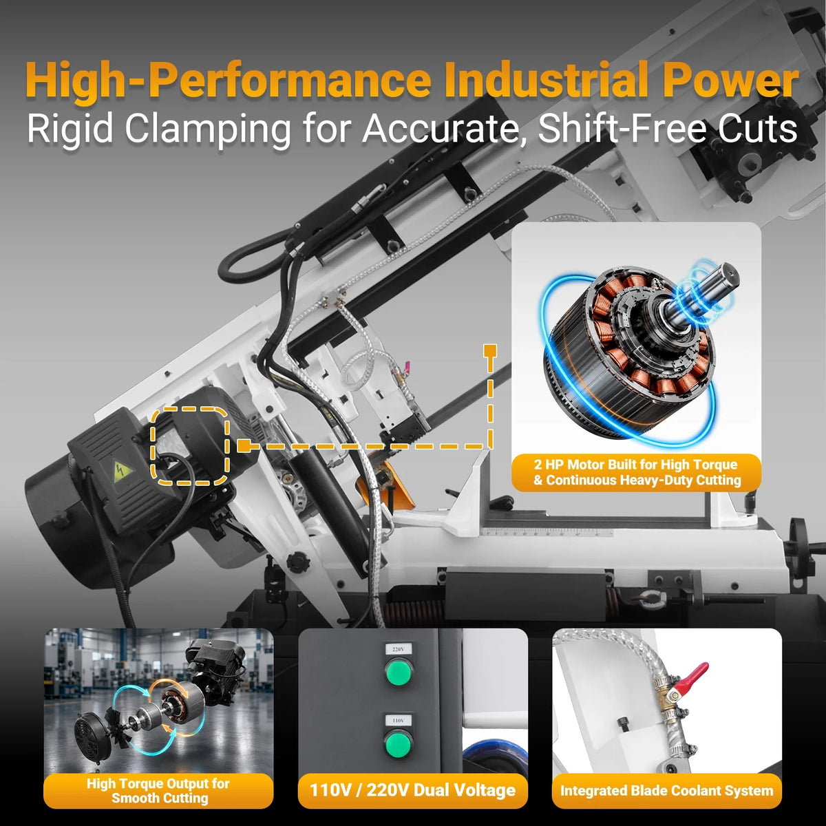 10 in Horizontal Metal Cutting Band Saw, 2 HP 1.5 kW, 4-Speed, 0-45 Degree Swivel, Hydraulic Downfeed, 230V, B - view 4