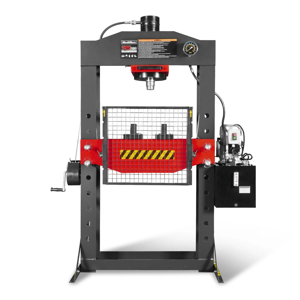 75 Ton H-Frame Electric Hydraulic Shop Press with Hand Winch, 110V Motor, Fully Welded Steel Frame, Safety Gua