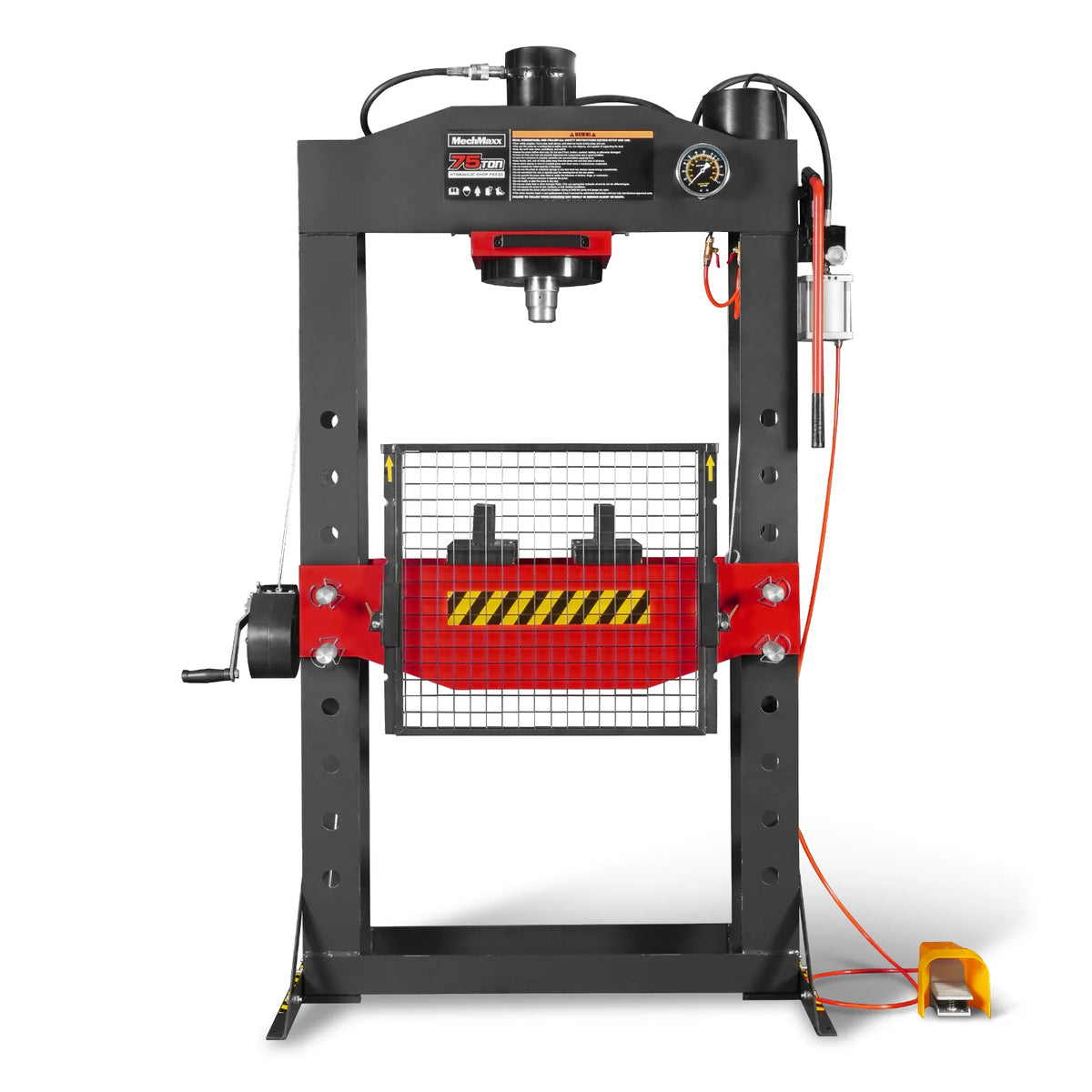 75 Ton H-Frame Air/Hydraulic Shop Press with Hand Winch, Fully Welded Steel Frame, Safety Guard, Foot Pedal Co