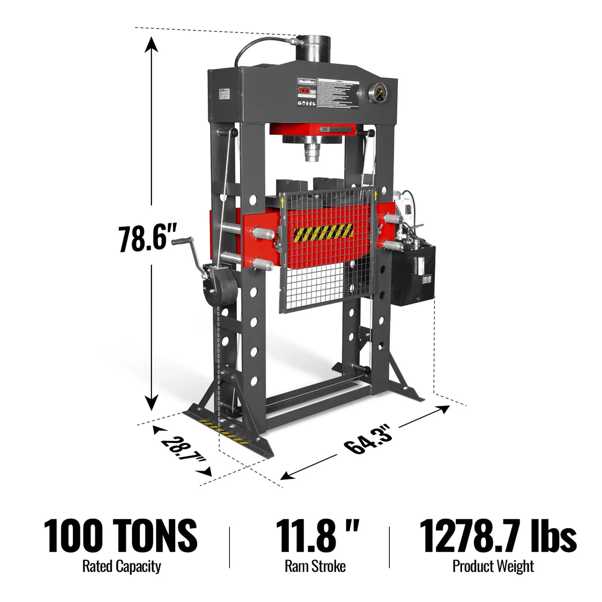 100 Ton H-Frame Electric Hydraulic Shop Press with Hand Winch, 110V Motor, Fully Welded Steel Frame, Safety Gu - view 2